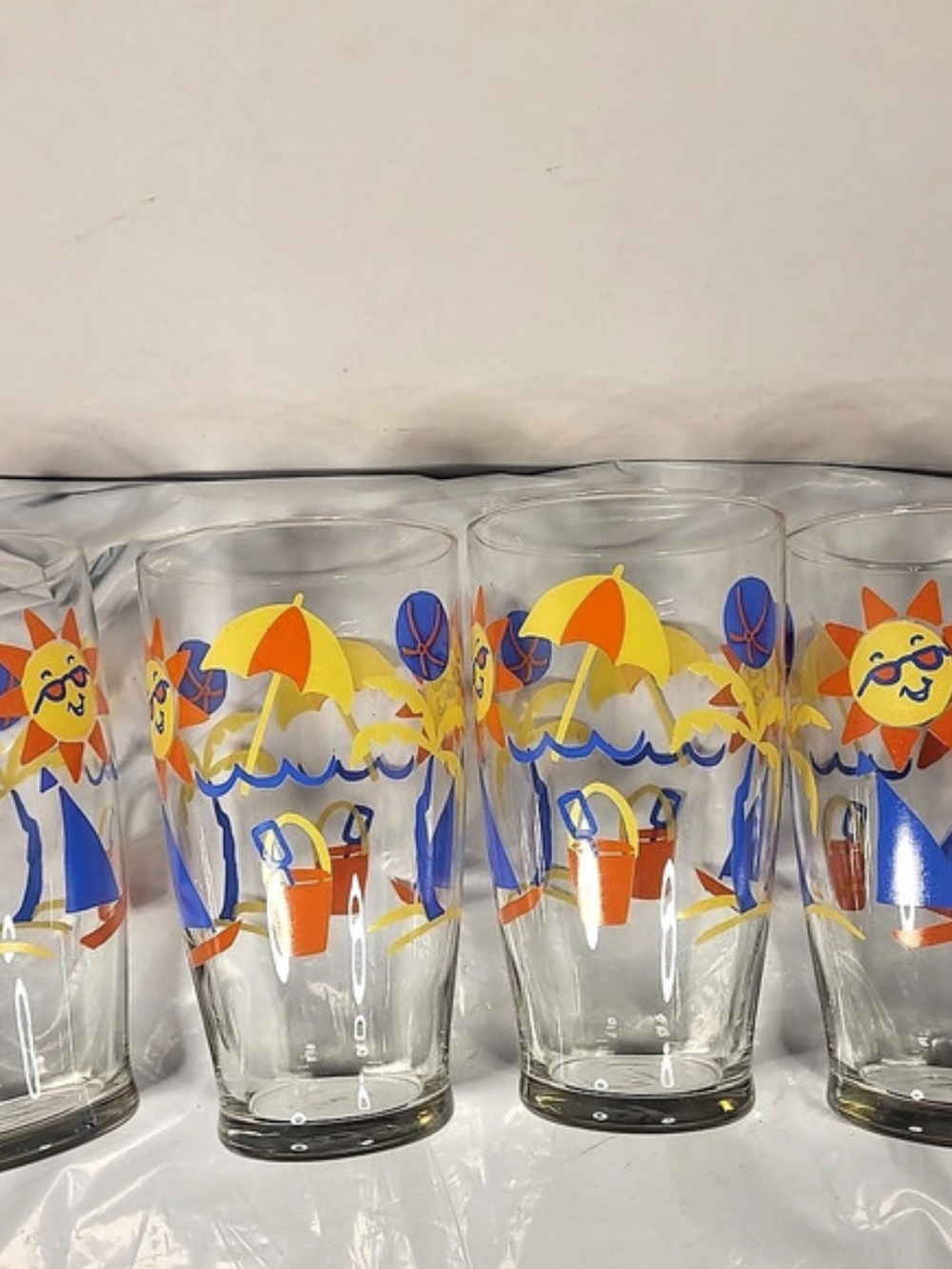 Vtg 1980s Libbey Glass Tumblers 16 oz Retro Tropical Summer Beach Party Set Of 4